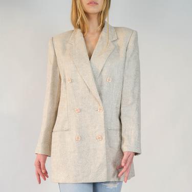 Vintage 90s Liz Claiborne Natural Linen Botanical Jacquard Double Breasted Blazer | 100% Linen | 1990s Designer Boho Boxy Fit Linen Jacket 