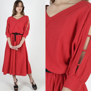 Red Cotton Maxi Dress / Ladder Cutout Sleeves / Vintage 70s Relaxed Sweeping Skirt / Casual Solid Color Patch Pockets Midi Dress 