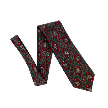 Vintage 1980s Mallory & Church Silk Foulard Necktie, 80s Men's London Luxe Tie, Green Red Brown Geometric Pattern 