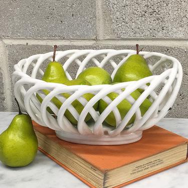 Vintage Bowl Retro 1990s White Ceramic + Fruit Bowl + Semi Open Sides with Curved and Woven Bars + Home and Kitchen Decor or Storage 