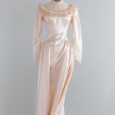 Vintage 1940's Gleaming Blush Slipper Satin Wedding Gown / Small