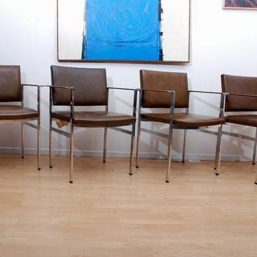 Ward Bennett Set Of Four Arm Chairs, Aluminum Leather Mid Century Designer 