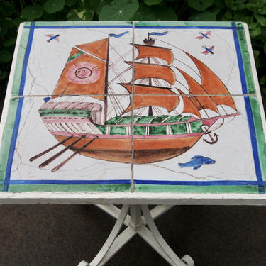 Vintage Wrought Iron Tile Table With Ship 