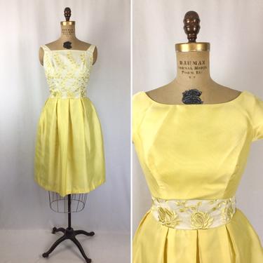 Vintage 50s dress | Vintage sunshine yellow two piece dress | 1950s fit and flare with over jacket brides maids party dress 
