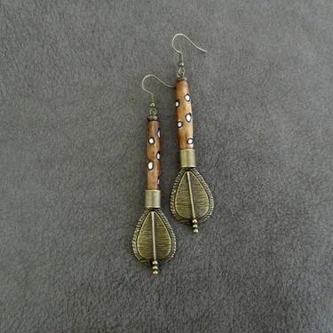 Long dangle earrings, bone horn earrings, African batik print, Afrocentric earrings, antique bronze earrings, primitive ethnic unique 12 