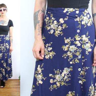 Vintage 90's Navy Blue Rayon Floral Skirt / 1990's Floral Midi Skirt / Side Button Elastic Waist / Women's Plus Size 1X 2X by Ru