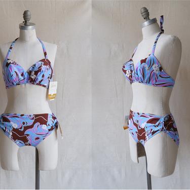 Vintage 60s Floral Print Bikini/ 1960s Mid Rise Two Piece Swimsuit/ Size Small Medium 