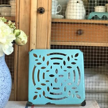 Beautiful vintage French metal square  trivet in turquoise 