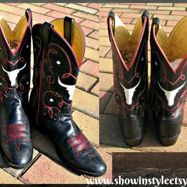 Justin Boots, Vintage Western Women&#39;s Cowgirl, Leather Shortie Boots, Made in the U.S.A., Black & Red, White Longhorns, USA Size 4.5D by ShowinStyle