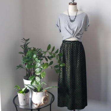 Vintage Handmade Velour Embellished Green and Gold Maxi Skirt 