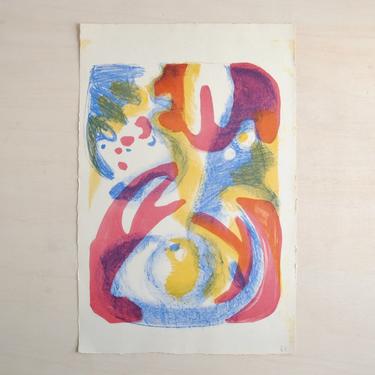 Mid Century Abstract Serigraph Original Print by Listed Artist Renate Scheer Kalkofen, Pink, Blue, and Yellow Abstract Print on Paper 