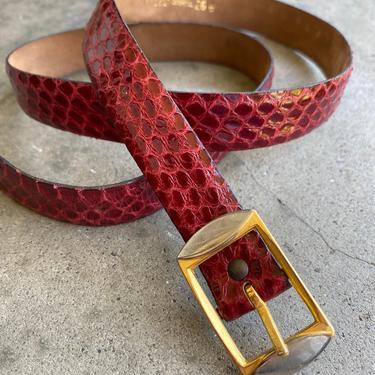 80’s 90’s  skinny Lucienne snakeskin belt~ red glossy shiny bright gold buckle~ rich red women’s vintage belts~ France size Small 26” 