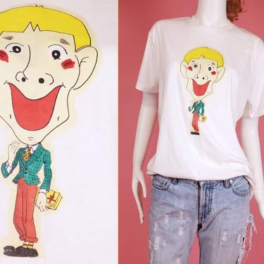 Deadstock 70s t shirt. Humorous, wacky, sweet. Gift. Giving a gift. Love. Funny. (Size L) 