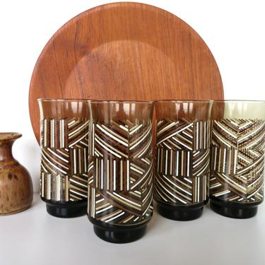 1970s Brown Libbey Glass Tumblers With Geometric Patterns, Set Of 4 Retro Libby Ice Tea Glasses, 2 Sets available 