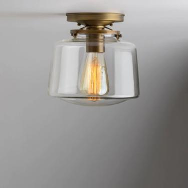 Clearance, Factory 2nds ** Schoolhouse Style Clear Drum Shade Flush Mount Light Fixture  **USA handblown glass** 
