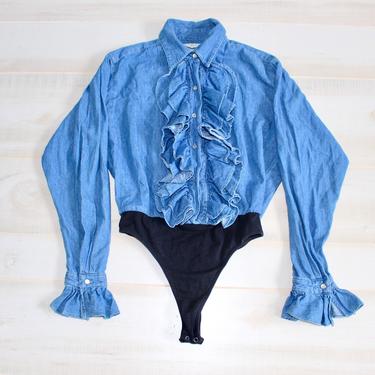 Vintage 90s Denim Ruffle Shirt, 1990s Bodysuit, Chambray, Poet Sleeve, Cottagecore, Boho, Peasant Blouse, Top 