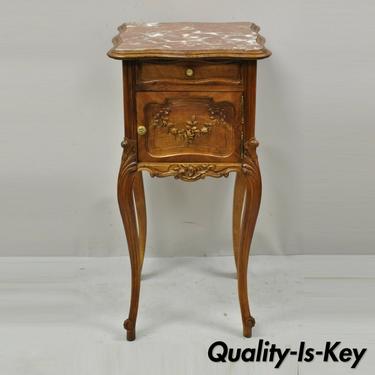 Antique French Louis XV Walnut Marble Top Nightstand Humidor Porcelain Lined