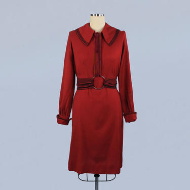 1930s Dress / 30s Red and Black Day Dress / Bondage Belt Harness 