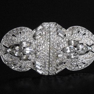 Art Deco Clear Rhinestone Double Clip Brooch, Marquise Baguette Duette Type Clip, 1930s Rhinestone Brooch, Bridal Wedding Occasion Jewelry 