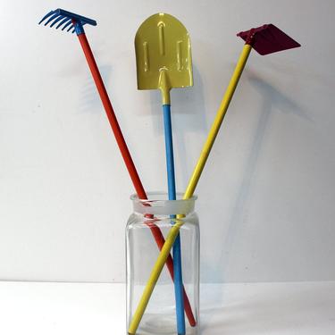 Vintage kid's garden tools - painted metal with painted wood handles - rake, shovel, hoe - orange, yellow, blue - vintage garden tools 