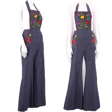 70s embroidered denim bell bottoms overalls L  / vintage 1970s bells one piece rare large size 10-12 