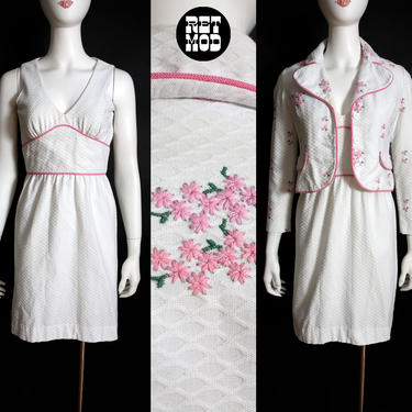 Beautiful Vintage 60s White Waffle Dress Set with Matching Jacket and Pink Flower Embroidery 
