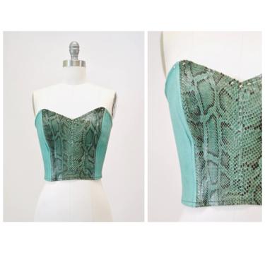 90s 00s  Leather Crop Top Bustier XXS XS Snakeskin Leather Strapless Crop Tube Top Teal Green Blue Leather Bustier size xxs XS 