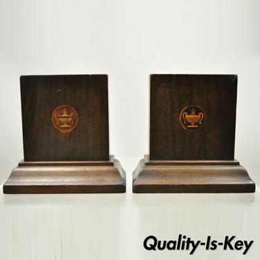 Antique Edwardian Mahogany Bookends with Inlaid Satinwood Urns - a Pair