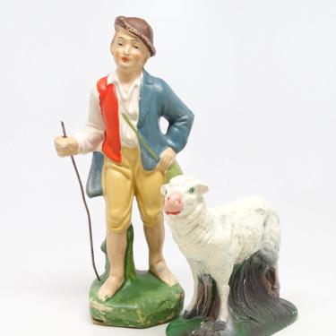 Antique German Farmer and Sheep, Hand Painted Shepherd Farm Toy for Christmas Putz or Nativity, Germany 