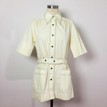 Vintage 70s Blouse / Belted Blouse  / Pale Yellow 1970s Top / Tomboy Chic Pale Yellow Top / Menswear Insipired Womens 