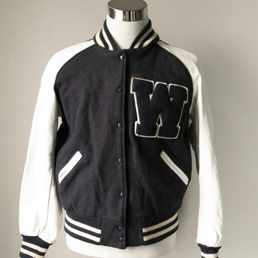 1980s Letterman Jacket Wool + Leather Varsity Coat L 