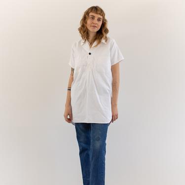 Vintage White Cotton Tunic Blouse Shirt | Long Popover Short Sleeve Smock | Ceramic Studio | S | 