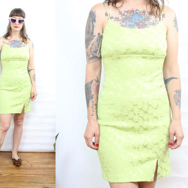 Vintage 90's Neon Green Daisy Stretchy Mini Dress / 1990's NEON GREEN Mini / Clueless / Summer Sun Dress / Body Con / Women's Size Small by Ru