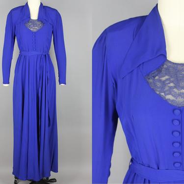 1930s Cobalt Blue Gown · Vintage 30s 40s Rayon & Lace Dress · Small 