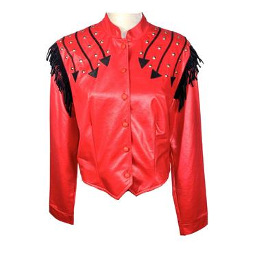 Vintage Clothing 80's Western Fringe Cropped Jacket, Red Polyester Size Medium, Shoulder Pads, Button Up Western Embroidered Light Jacket 