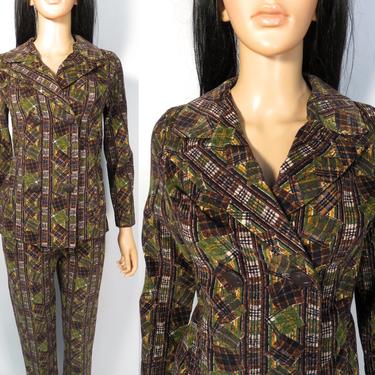 Vintage 50s/60s Dune Deck Patchwork Print Corduroy 2 Piece Pant Suit Made In USA Size XS 
