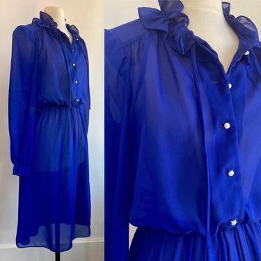 80's Vintage SHEER COBALT BLUE Secretary Shirtwaist Dress / Puff Sleeve + Pearl Buttons + Ruffle Collar 