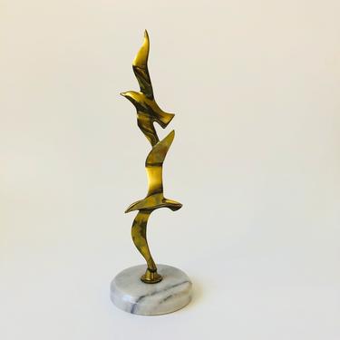 Tall Vintage Stacked Brass Seagull Sculpture on Marble Base 