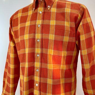 1960's Plaid Shirt - Mod Orange Plaid - Preppy Styling - Buttondown Collar & Shirt Tails - Patch Pocket - Men's Medium 