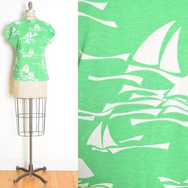 vintage 70s top green white sailboat boat print tee t shirt novelty knit M L clothing 