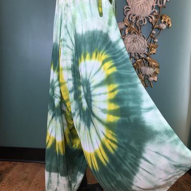 1990s rayon jumpsuit, vintage jumpsuit, ethnic style, vintage romper, harem pants, avant garde style, free size, green and yellow tie dyed 