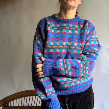 Vintage 80's Blue Geometric Wool Sweater, Size Large 