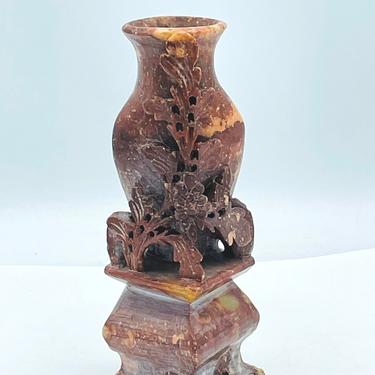 Wonderful Antique Asian  soapstone Ink Brush Pot Bud Vase Floral Carvings- 5&quot; X 2.5&quot; X 1.5&quot; 