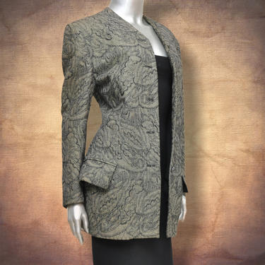 Vintage Gianni Versace Women’s Brocade Black and Cream Long Fit Blazer Made in Italy M 