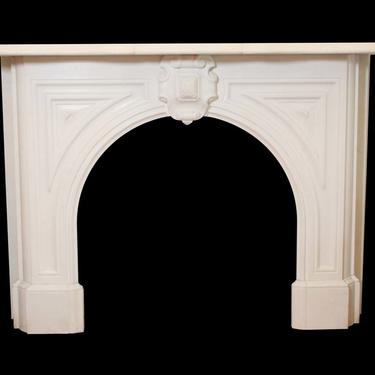 Highly Detailed 1900 Hand Carved White Statuary Arched Marble Mantel