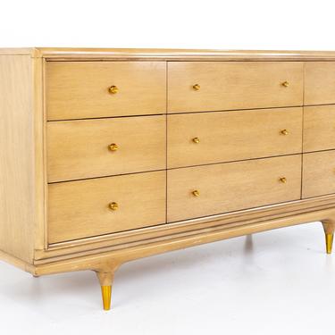 Kent Coffey Continental Mid Century Walnut and Brass 9 Drawer Lowboy Dresser - mcm 