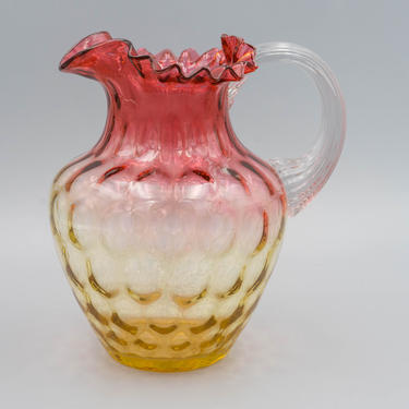 Glass Water Pitcher, Antique Amberina Thumbprint | Antique Victorian Water Jug | Unique Red and Yellow Coinspot Glassware | Crimped Edge 