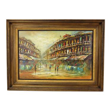 Vintage Mid-century Modern Abstract Street Scene Oil Painting Signed 