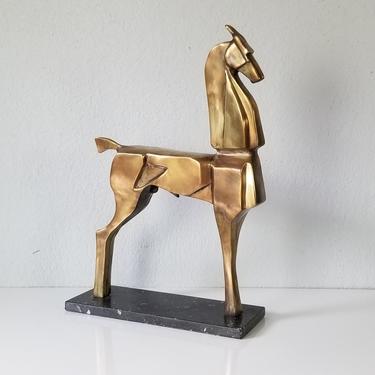 1990s Modern Cubist Shape Bronze Horse Sculpture on Marble Base 
