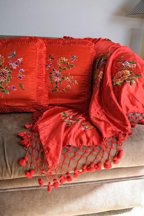 Vintage 70s Peacock Bird &amp; Floral Embroidered Ruby Red Silk Tasseled Fringe Throw Tablecloth w/ Set of Pillow Covers | 1970s Bohemian Decor 